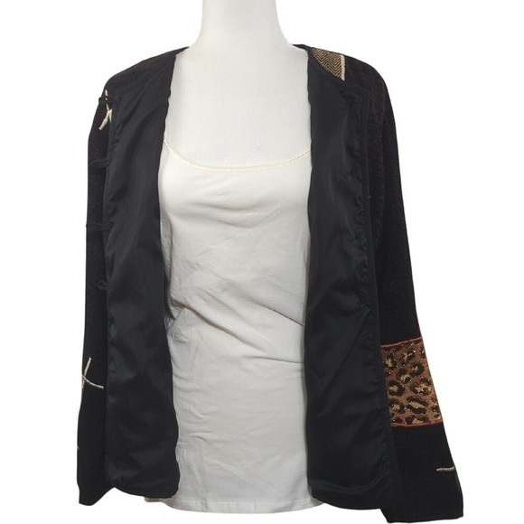 Vintage 90s Black Tapestry Jacket Geometric Animal‎ Print Patches Artsy Large - Picture 13 of 14